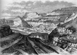 Párizs átalakulása a Második Birodalom alatt, Haussmann Párizs: átalakulás a Buttes-Chaumont vakolatbányák parkjává (Buttes Chaumont). Metszet a „Le Monde Illustre” 306. számában, 1863. február 21-én. alkotó: French School