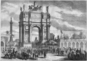 Párizs átalakulásai a második birodalom alatt, Haussmann Paris: Diadalív a Boulevard du Prince Eugene (ma Boulevard Voltaire) felavatásán III. Napóleon által. Metszet a „” Le Monde Illustré”” 296. számában, 1862. december 13. alkotó: French School