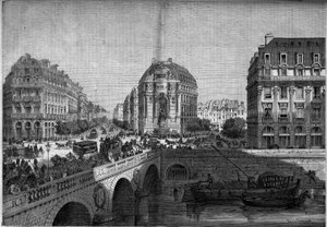 Párizs átalakulásai a második birodalom alatt, Haussmann Paris: kilátás a Boulevard de Sebastopol Saint Michel szökőkútjára (1860). Metszet a „” Le Monde Illustré”” 175. számában, 1860. augusztus 18.. alkotó: French School