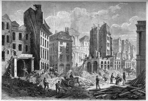 Párizs átalakulása a második birodalom alatt, Paris Haussmann: a Rue de la Barillerie lebontása a Boulevard Sebastopol áttöréséhez. Metszet a „” Le Monde Illustré”” 126. számában, 1859. szeptember 10. alkotó: French School