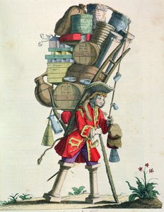 Utazó fűszer-, szeszesital- és gyógyszerkereskedő 1721-ben, a Costumes de Paris a Travers les Siecles-ből, 1887-ben (színes metszet) alkotó: French School