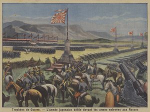Háborús trófeák: a japán hadsereg felvonulása az orosz-japán háborúban elfogott orosz fegyverkezés előtt (színes litho) alkotó: French School