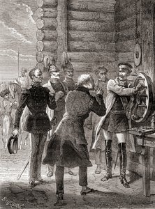 I. Miklós cár a Moszkva és Varsó közötti szemafor távíróvonalat 1833-ban felavatja Claude Chappe szemaforrendszerének módosításával, a Les Merveilles de la Science-ből, 1870 körül (metszet) alkotó: French School