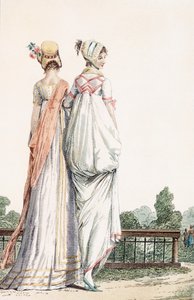 Two Ladies in Promenade Dress, 1796 99:female; népviselet; tradicionális öltözet; divat; c18th; séta; vissza; fehér ruhák; motorháztető; motorháztetők; kalapok; park; kert; alkotó: French School