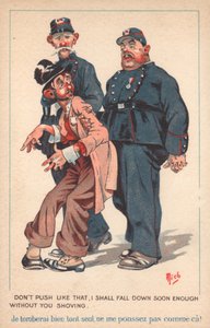 Két rendőr kísér egy részeg férfit (színes litográfia) alkotó: French School