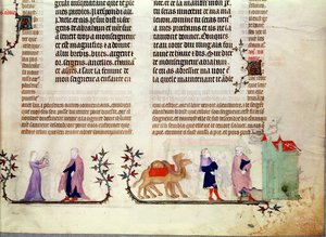 Két jelenet Rebecca történetéből a kútnál, Jean de Sy Bibliájából, 1355 körül alkotó: French School