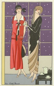 Két nő teázik és Jean Patou és Beer dizájnjaiba öltözve, az Art-Goût-Beauté pubból. 1924 alkotó: French School