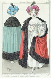 Két nő turbánnal, ruhákkal és kasmír köpenyekkel, a Costumes Parisiensből, 1831 alkotó: French School