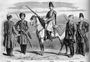 Az orosz császár különleges kíséretének típusai és egyenruhái. Balról jobbra: trombita, kozák, muszlim, cserkesz és lesgh. Metszet a „” Le Monde Illustré”” 153. számában, 1860. március 17.. alkotó: French School