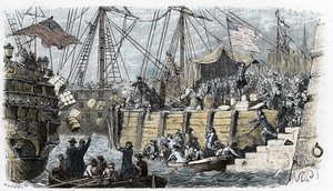 Az Egyesült Államok függetlenségi háborúja: (nagy-britanniai származású) amerikai telepesek lázadása az angol parlament által a teára és más élelmiszerekre kivetett adók ellen. Indiainak álcázzák magukat, és a tea rakományát a tengerbe dobják, miután belép alkotó: French School
