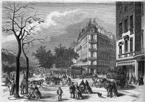 A Boulevard des Capucines és a Boulevard de la Madeleine között az egyik első "menedék" a párizsi körutakon átkelő gyalogosok számára. alkotó: French School