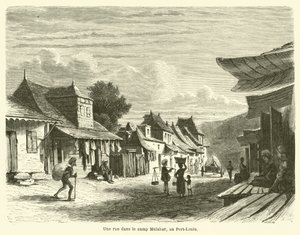 Egy utca a Malabar táborban, Port-Louisban (metszet) alkotó: French School