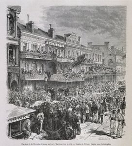 Egy utca New Orleans-ban a választás napján 1875-ben - a „Le Tour du Monde”-ban, 2. szem. 1876 alkotó: French School