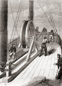 A Dover és Calais közötti tengeralattjáró kábel letekerése a Blazer fedélzetén, 1851. december 25., a Les Merveilles de la Science-ből, 1870 körül megjelent (metszet) alkotó: French School