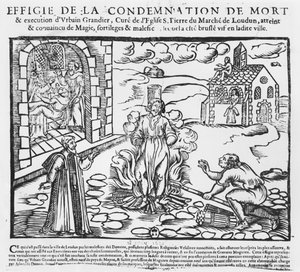 Urbain Grandier máglyán égett a louduni birtok eseményei után, 1634 (fametszet)