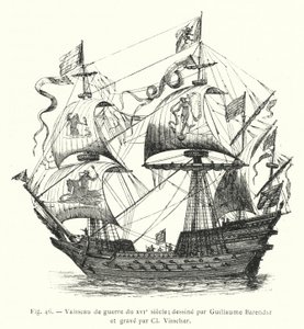 16. századi hadihajó; rajzolta Guillaume Barendsz és metszette Cl Visscher (metszet) alkotó: French School
