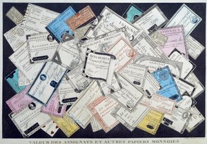 A megbízottak és más papírérmék értéke a francia forradalom idején. 18. század. Musee Carnavalet, Párizs – Az assignats és más valutapapírok értéke az angol forradalom idején. Metszés alkotó: French School