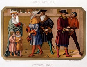 Különféle jelmezek a burzsoázia a 16. században - chromo. századi kordokumentum alapján alkotó: French School