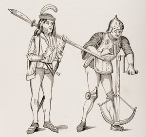 Varlet vagy Squire vastag pengéjű alabárdot cipelő íjász, aki számszeríjhúrt húz kétkezes csörlővel, egy 15. századi miniatűr után, Paul Lacroix Le Moyen Age et La Renaissance című művéből ( alkotó: French School