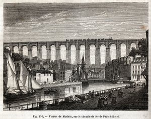 Morlaix viadukt, a Párizsból Brestbe (Franciaország) vezető vasúton. Lebreton et Marchand metszetei, Louis Figuier (1819-1894) „Les Merveilles de la Science” című könyvében, Jouvet et Cie kiadás alkotó: French School