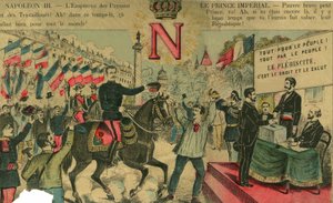 Victor Napóleon (1862-1926) a bonapartisták támogatóinak élén, I. Napóleon utolsó örökösének a Harmadik Köztársaság 1886-ban elfogadott törvénye nyomán száműzetésbe kellett mennie. Metszet, „” Le Figaro, melléklet”, 1889.03.30., Párizs. alkotó: French School