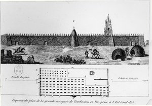 A timbuktui nagy mecset képe és terve, Rene Caillie (1799-1838) Journal dun voyage a Tombouctou című könyvéből, 1830 alkotó: French School