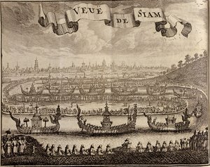Ayutthaya kilátása királyi bárkákkal, Guy Tachard Voyage du Siam des Peres Jesuites című filmje, 1688 alkotó: French School