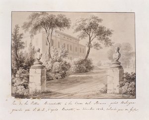 A Villa Bianchetti kilátása a Bologna melletti Croce del Biaccoban, S.A.I. metszet. Busatti után, M. Hofer színezte, 1814. december (színes metszet) alkotó: French School