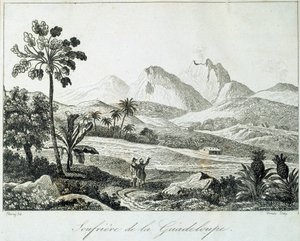 Kilátás egy soufriere Guadeloupe-ban. Metszet a 19. századból. Chartres, Musee des Beaux Arts alkotó: French School