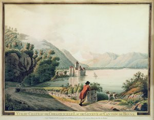 Kilátás a Chateau de Chillonra, a Genfi-tóra (színes rézkarc) alkotó: French School