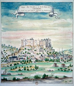 Kilátás a Chateau de Chinon Akvarellre a francia iskolából. 1699 Párizs, B.N. alkotó: French School