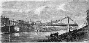 Kilátás a Szent János-hídra a Tiberis folyón (Tevere) Olaszországban, 1863-ban avatták fel. Ezt az acélhidat Alphonse Oudry (1819-1869) tervezte. Metszet a „” Le Monde Illustré”” 349. számában, 1863. december 19. alkotó: French School