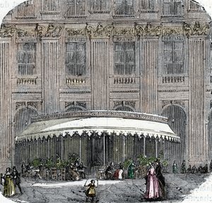Kilátás a Cafe de la Rotonde-ra a párizsi Palais-Royalban 1860 körül (színes metszet) alkotó: French School