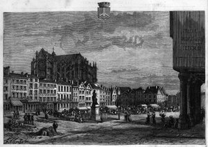 Kilátás Beauvais városára az Oise-ban. Metszet 1880-ból a „La republique illustree”” magángyűjteményben. alkotó: French School