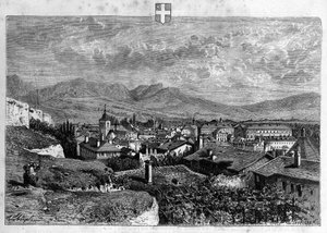 Kilátás Chambery városára Savoyában. Metszet 1880-ból a „La republique illustree”” magángyűjteményben. alkotó: French School