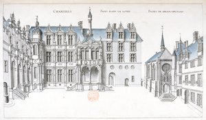 Kilátás a Chantilly udvarára és kápolnájára (toll, tinta és WC papíron) alkotó: French School
