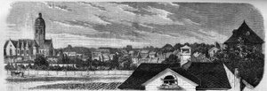 Kilátás Kastrich városának kerületére, Mainzban (Németország), a porhordó 1857-es felrobbanása előtt. Fényképről. Metszet a „” Le Monde Illustré”” 36. számában, 1857. december 19. alkotó: French School