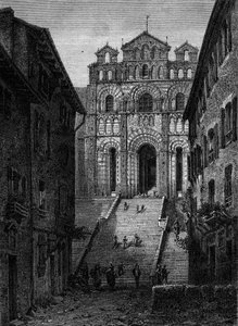 Kilátás a Cathedrale Notre Dame du Puy en Velay (Puy-en-Velay), Haute Loire (43) homlokzatára alkotó: French School
