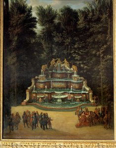 Kilátás a Vízbüfé szökőkútjára a Nagy Trianon kertjében 1713-ban. Az előtérben: XIV. Lajos a Promenade Peinture de Charles Chatelainnél. 18. század. Homályos. 2,96x1,42 m. Versailles, Versailles-i kastélyok és Trianon alkotó: French School