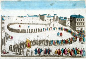 Kilátás a self-dafé nagy felvonulására, ahol az inkvizíció által megpróbált bűnözőket látjuk Lisszabonban - metszet alkotó: French School