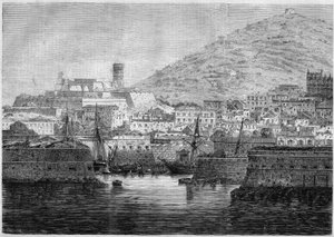 Kilátás a kikötőre és Gaete (Gaeta), Olaszország városára alkotó: French School