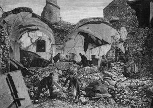 Kilátás a Chiese del Purgatorio romjaira, amely az 1881-es földrengés során megsemmisült Ischia szigetén (Olaszország). Quesnel metszete az 1881. április 9-i „” The Illustrous World”” 1254. sz. alkotó: French School