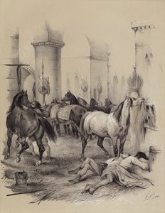 Vikingek, akik istállóként használják az aacheni Nagy Károly-katedrálist, 882 (litho) alkotó: French School