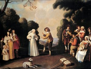 Falusi táncjelenet valószínűleg egy esküvőn, baloldalt egy terhes nő. A francia iskola festménye. 17. századi Avignon, Musee Calvet alkotó: French School
