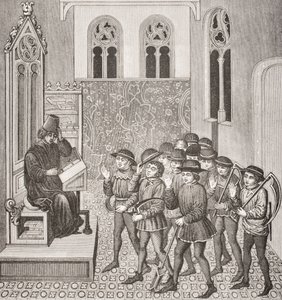A gazemberek, akik munkába indulás előtt kapják meg Lordok parancsát, egy 15. századi kézirat miniatűrje után, Paul Lacroix (1806-84) Le Moyen Age et La Renaissance című művéből, 1847-ben megjelent. alkotó: French School