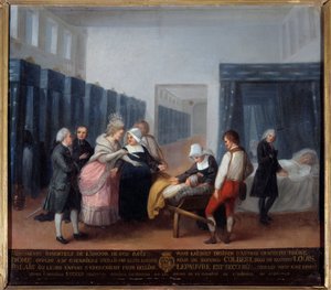 Monsieur és Madame Necker látogatása a jótékonysági intézetben Ez egy kórház (ma Necker Kórház Párizsban), amelyet a miniszter és felesége, Lettres felesége alapított 1778-ban. A francia iskola festménye. 18. század. Párizs, Musee de l