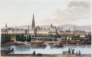 Bécs látképe a Land Strassel felől – „Alexandre de Laborde gróf festői utazása Ausztriába” című filmben, Párizs, szerk. Didot az idősebb alkotó: French School