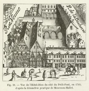 A Hôtel-Dieu kilátása a Petit-Pont oldalról, 1702-ben; Manesson-Mallet gyakorlati geometriája szerint alkotó: French School
