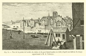 Kilátás a város csúcsára, a kolostorra és a Saint-Landry kikötőre 1590-ben; egy M de Valencayhez tartozó órarendből alkotó: French School