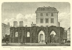 Kilátás a Hôtel-Dieu romjaira az 1772-es tűzvész után; M le báró Pichon által közölt korabeli rajzból alkotó: French School